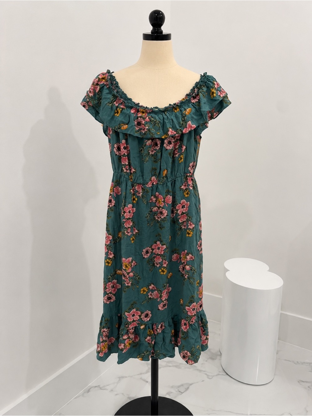 Teal Floral Off-Shoulder Mini Dress with Pink Bloom Print